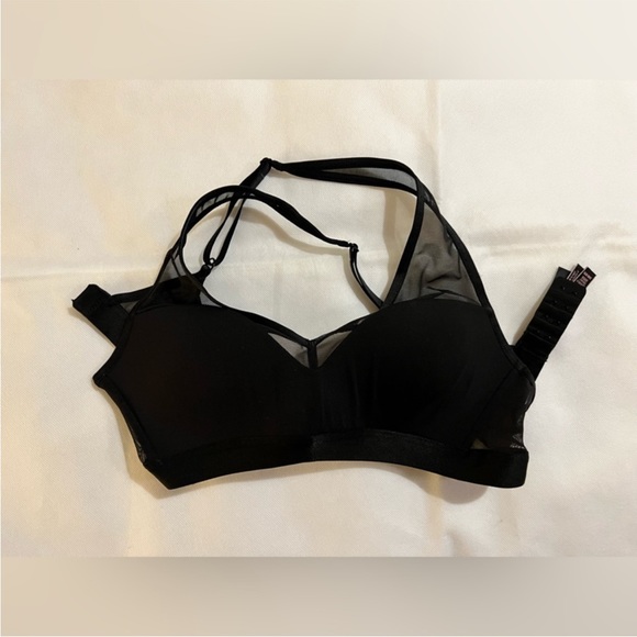 Victoria secret black padded bra cross cross straps sheer black strap solid 34b - Picture 2 of 6